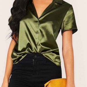 Collar Satin Button Up Blouse Olive Green Small